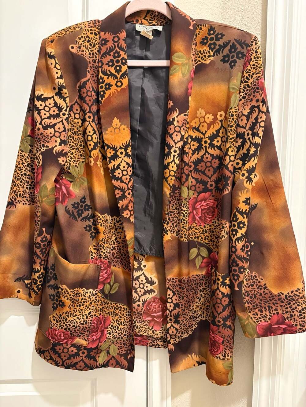 Vintage Kensington Square Floral Blazer Jacket Open Front Pockets